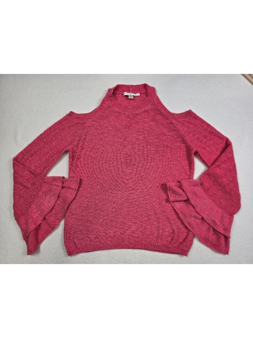Boston Proper Large Pink Cold Shoulder Ruffle Bell Sleeve Knit Sweater